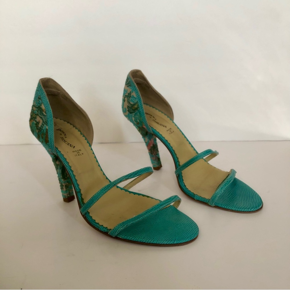 Donna di Toscana Teal Floral Jacquard Strappy Heels Size 9.5